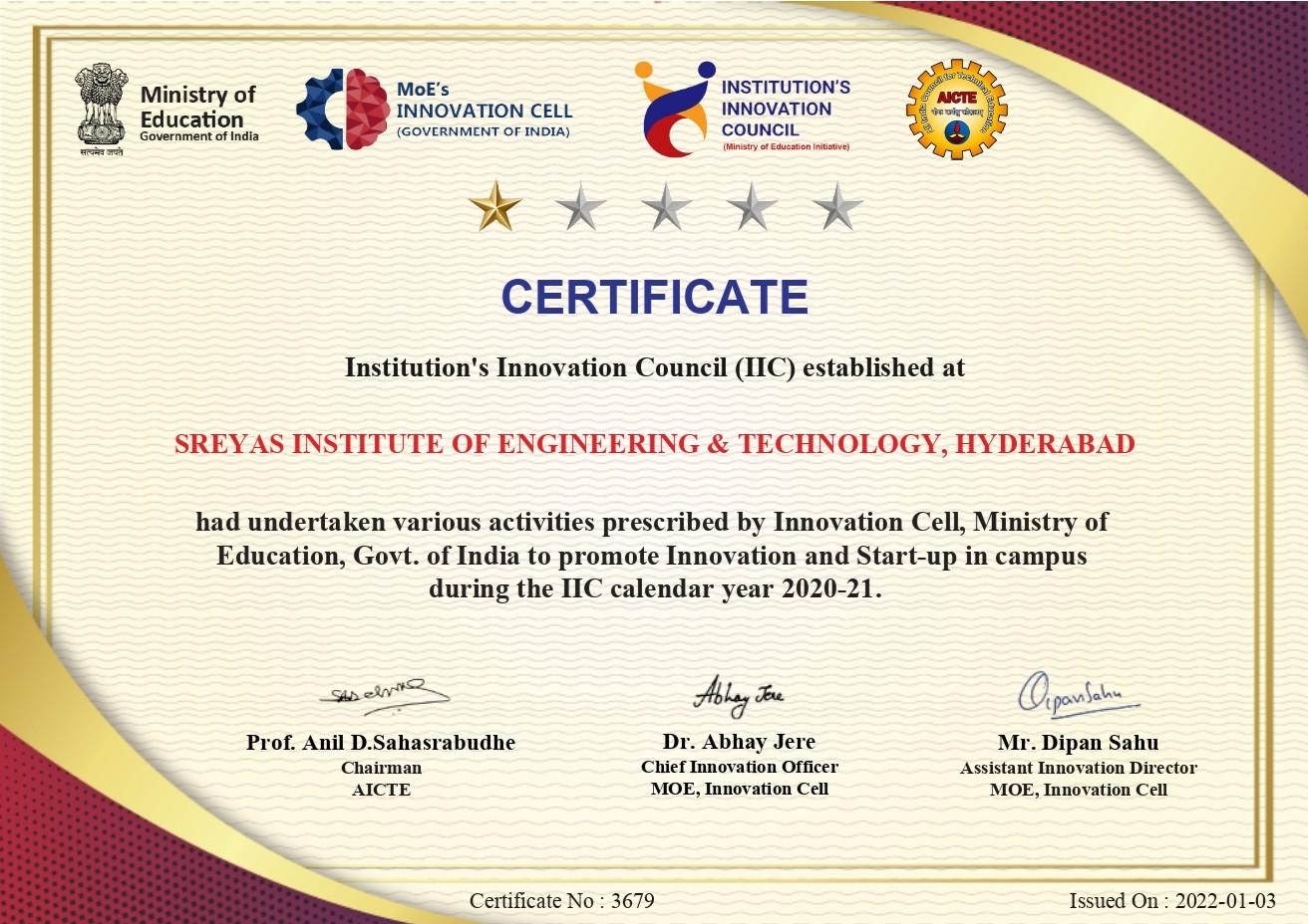 Sreyas-IIC rating certificate for the A.Y. 2020-21